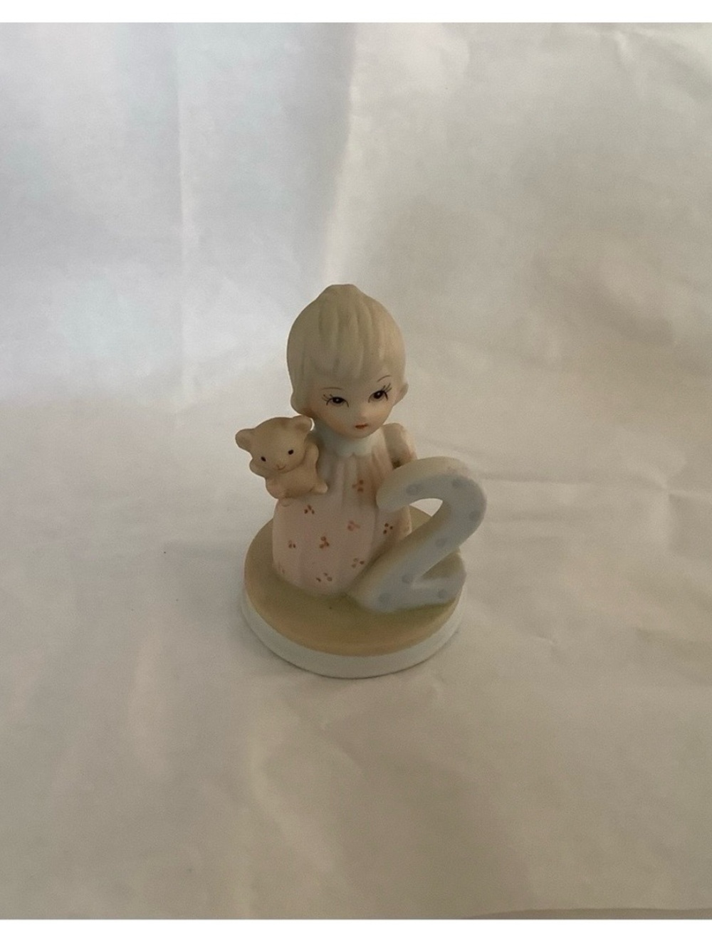 Lefton Porcelain Girl Figurine in Cream and Pale Pink with Teddy and Number 2